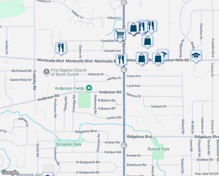map of restaurants, bars, coffee shops, grocery stores, and more near 5009 Anderson Road in Cleveland