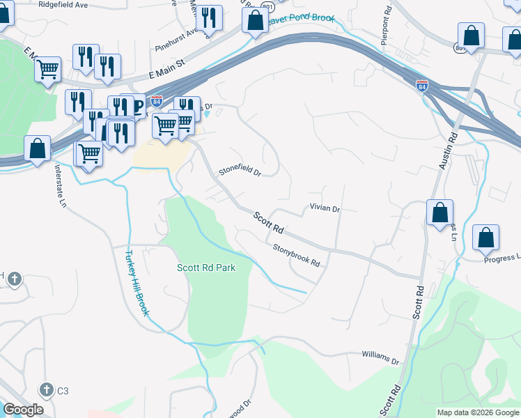 map of restaurants, bars, coffee shops, grocery stores, and more near 20 Hart Circle in Waterbury