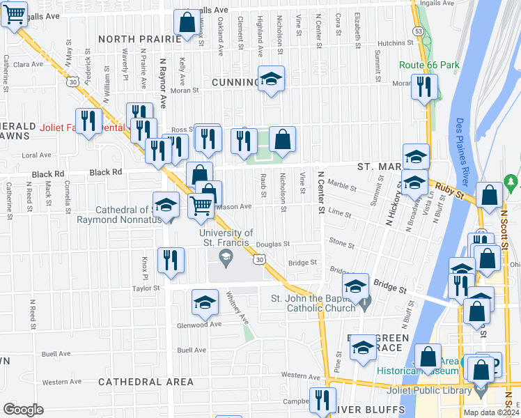 map of restaurants, bars, coffee shops, grocery stores, and more near 623 Raub Street in Joliet