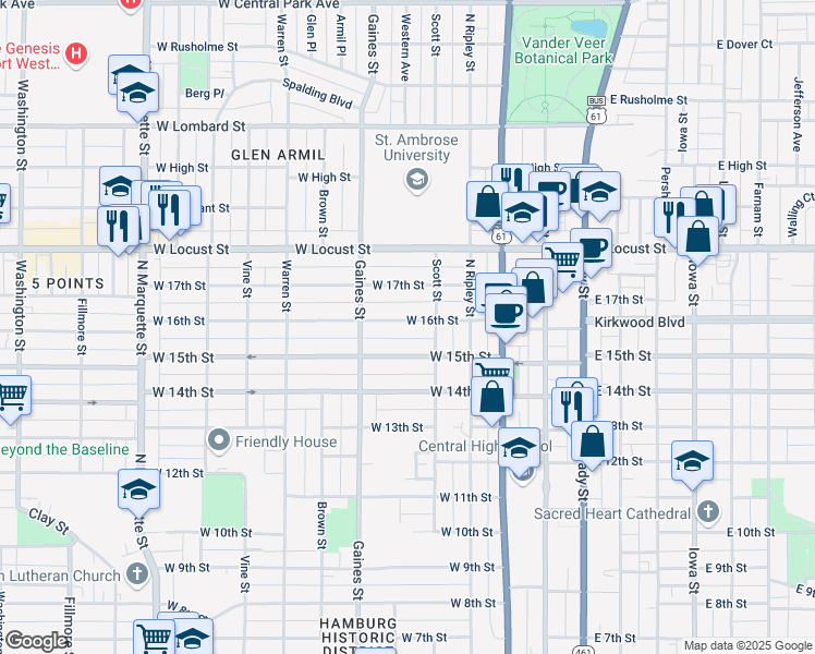 map of restaurants, bars, coffee shops, grocery stores, and more near 527 West 16th Street in Davenport