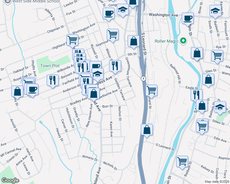 map of restaurants, bars, coffee shops, grocery stores, and more near 63 Hawthorne Avenue in Waterbury