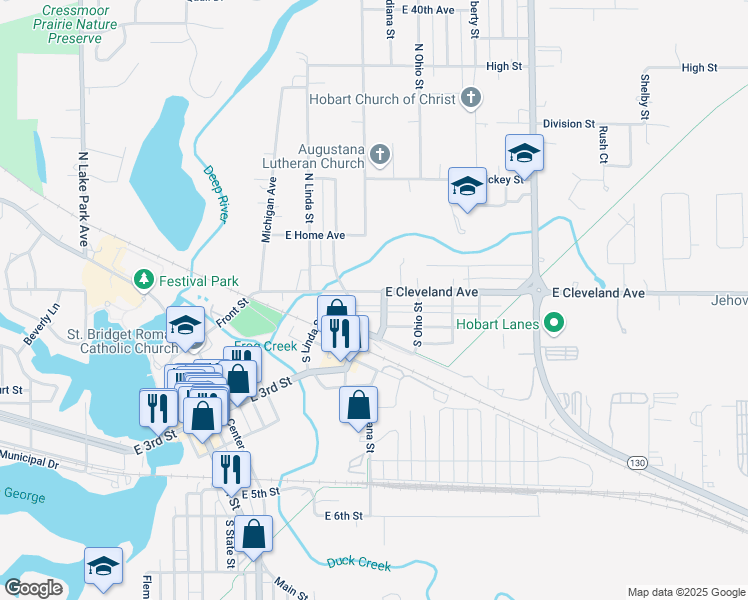 map of restaurants, bars, coffee shops, grocery stores, and more near 920 East Cleveland Avenue in Hobart