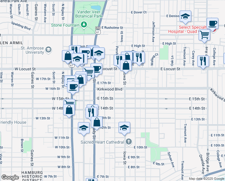 map of restaurants, bars, coffee shops, grocery stores, and more near 1532 Pershing Avenue in Davenport