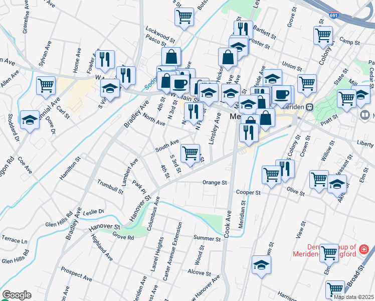 map of restaurants, bars, coffee shops, grocery stores, and more near 58 South 1st Street in Meriden