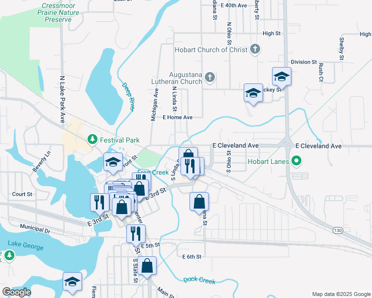 map of restaurants, bars, coffee shops, grocery stores, and more near 825 East Cleveland Avenue in Hobart