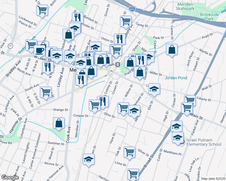 map of restaurants, bars, coffee shops, grocery stores, and more near 53 South Colony Street in Meriden