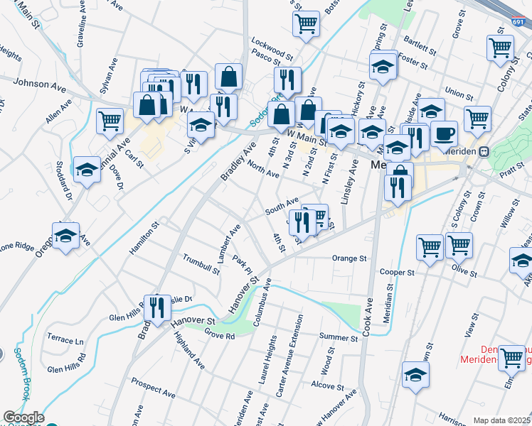 map of restaurants, bars, coffee shops, grocery stores, and more near 122 4th Street in Meriden