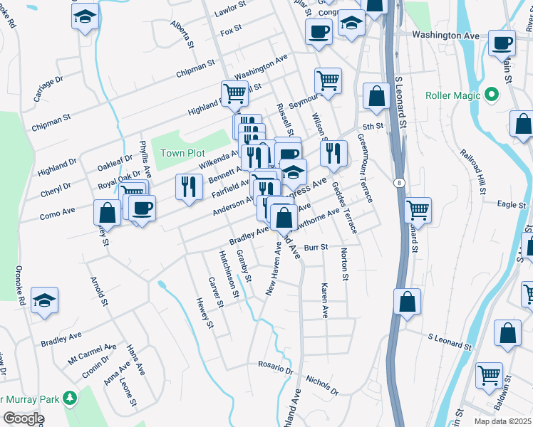 map of restaurants, bars, coffee shops, grocery stores, and more near 809 Highland Avenue in Waterbury