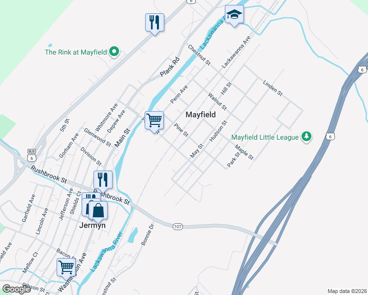 map of restaurants, bars, coffee shops, grocery stores, and more near 528 Hill Street in Mayfield