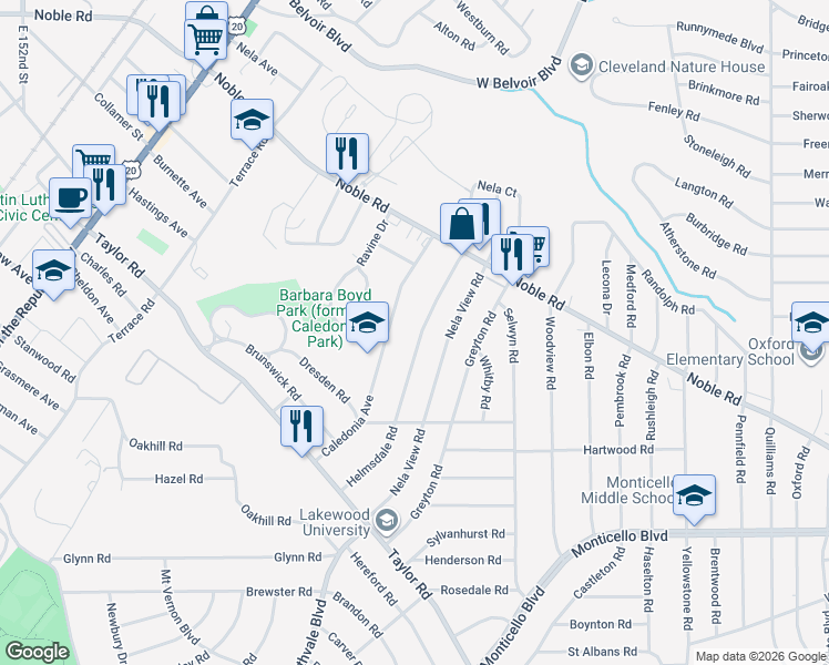 map of restaurants, bars, coffee shops, grocery stores, and more near 867 Helmsdale Road in Cleveland Heights