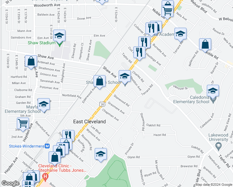 map of restaurants, bars, coffee shops, grocery stores, and more near in Cleveland