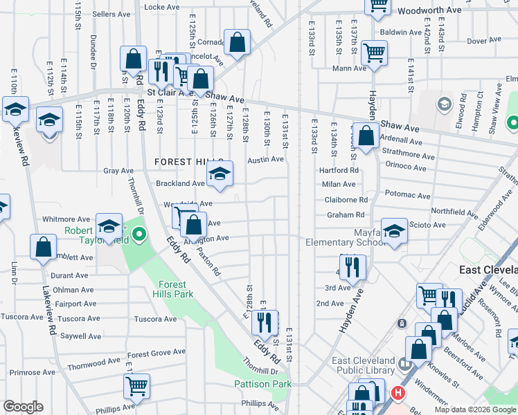 map of restaurants, bars, coffee shops, grocery stores, and more near 12811 Woodside Avenue in Cleveland