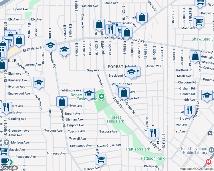 map of restaurants, bars, coffee shops, grocery stores, and more near 767 Eddy Road in Cleveland