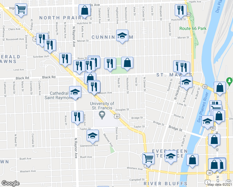 map of restaurants, bars, coffee shops, grocery stores, and more near 704 Raub Street in Joliet