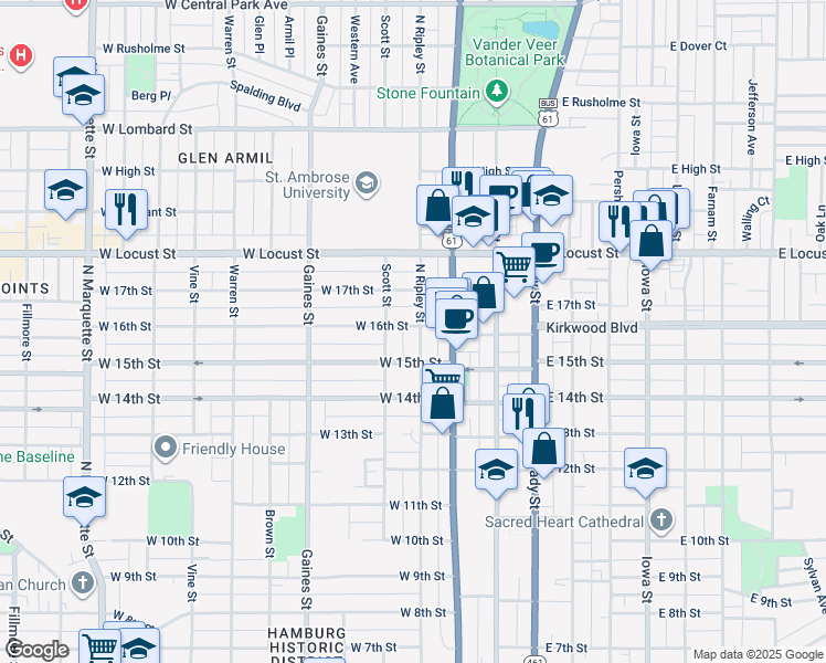 map of restaurants, bars, coffee shops, grocery stores, and more near 410 West 16th Street in Davenport