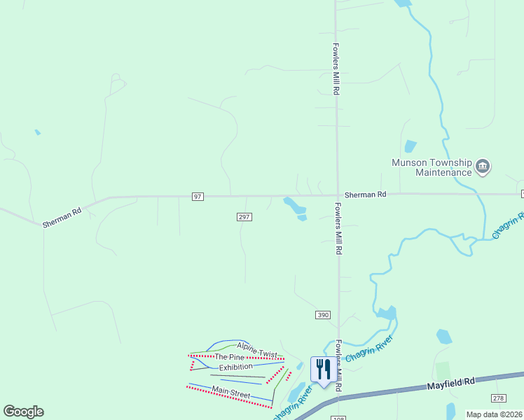 map of restaurants, bars, coffee shops, grocery stores, and more near 10616 Sherman Road in Chardon
