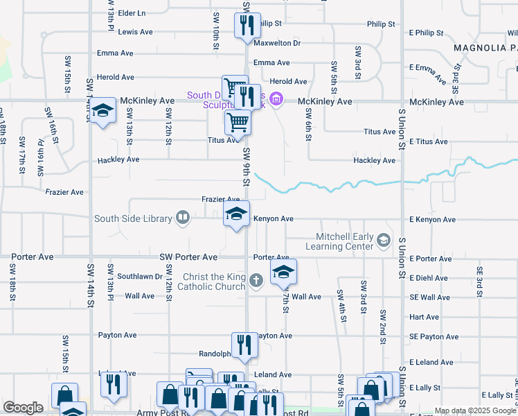 map of restaurants, bars, coffee shops, grocery stores, and more near 5301 Southwest 9th Street in Des Moines