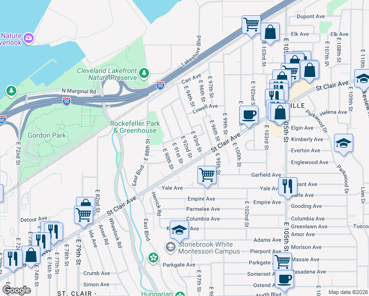 map of restaurants, bars, coffee shops, grocery stores, and more near 752 East 92nd Street in Cleveland
