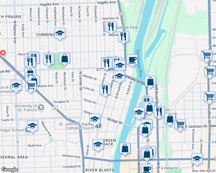 map of restaurants, bars, coffee shops, grocery stores, and more near 701 North Hickory Street in Joliet