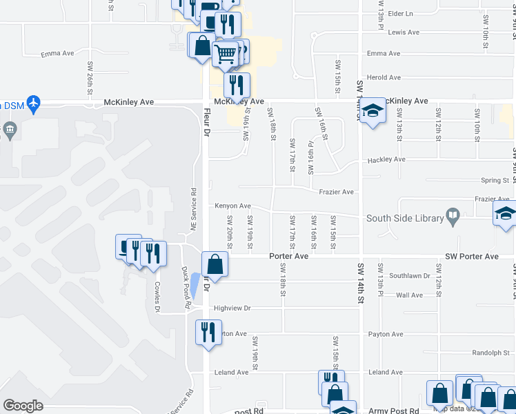 map of restaurants, bars, coffee shops, grocery stores, and more near 1809 Kenyon Avenue in Des Moines