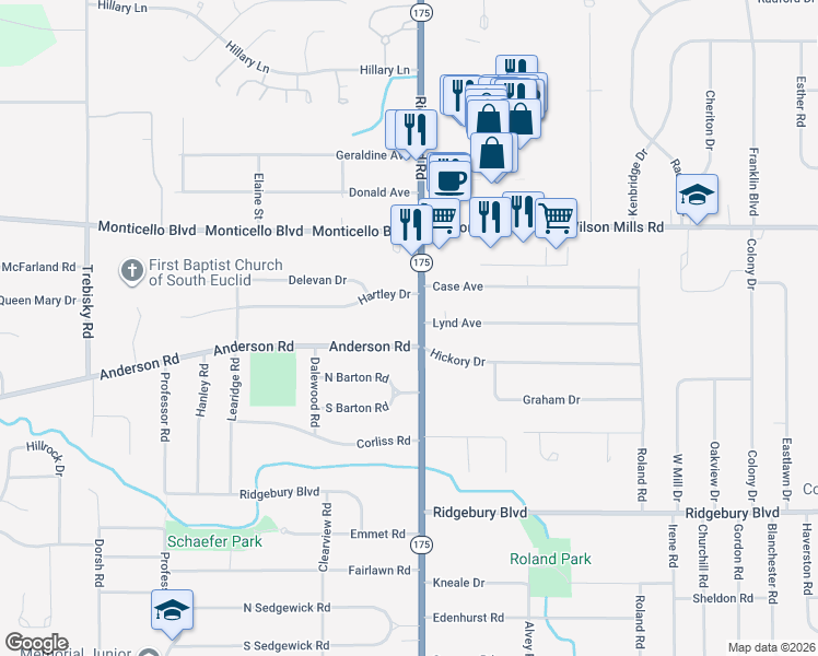 map of restaurants, bars, coffee shops, grocery stores, and more near 872 Richmond Road in Lyndhurst