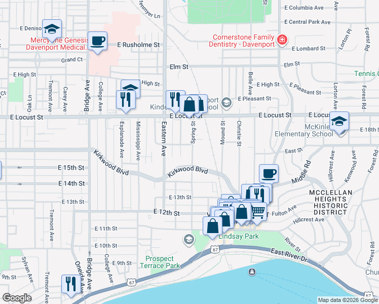 map of restaurants, bars, coffee shops, grocery stores, and more near 1573-1599 Spring St in Davenport