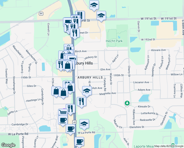 map of restaurants, bars, coffee shops, grocery stores, and more near 9224 Elm Avenue in Mokena