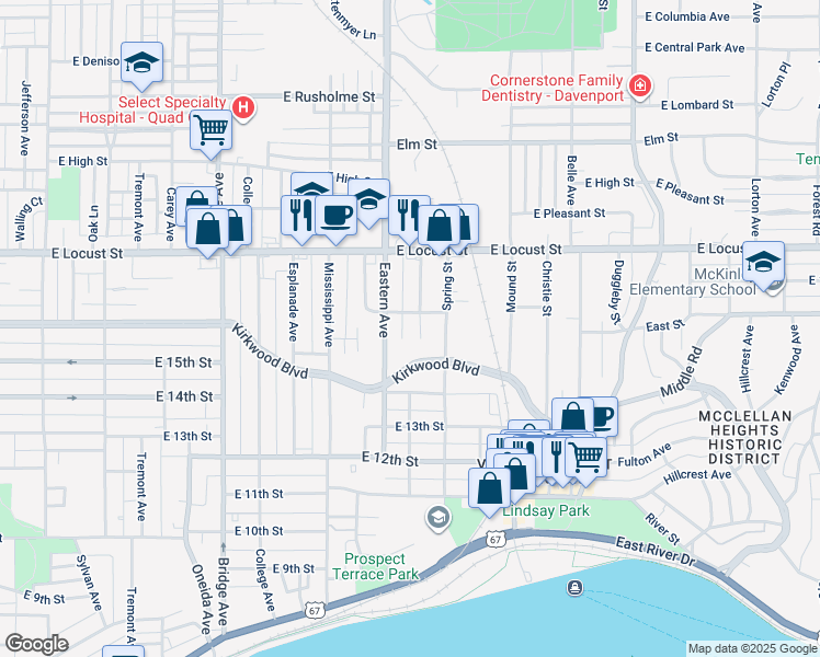 map of restaurants, bars, coffee shops, grocery stores, and more near 1724 East 16th Street in Davenport