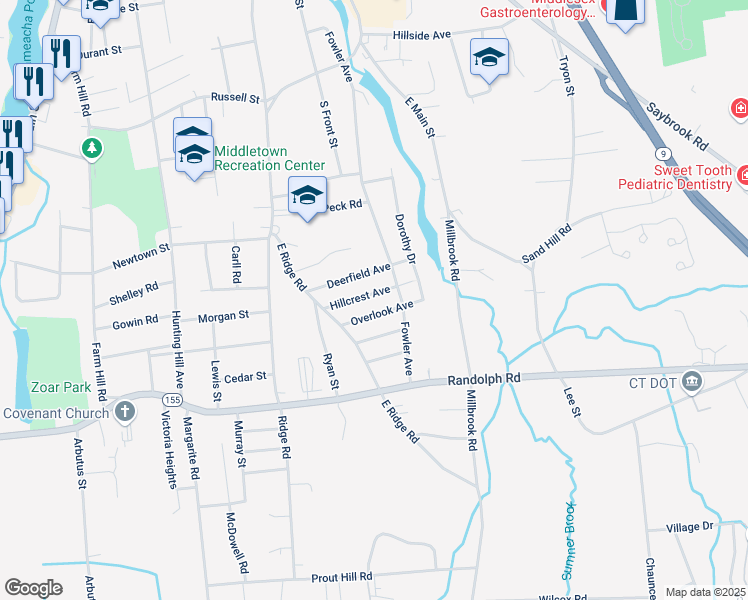 map of restaurants, bars, coffee shops, grocery stores, and more near 76 Hillcrest Avenue in Middletown