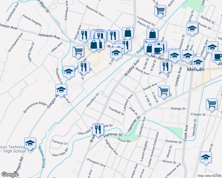 map of restaurants, bars, coffee shops, grocery stores, and more near 165 Bradley Avenue in Meriden