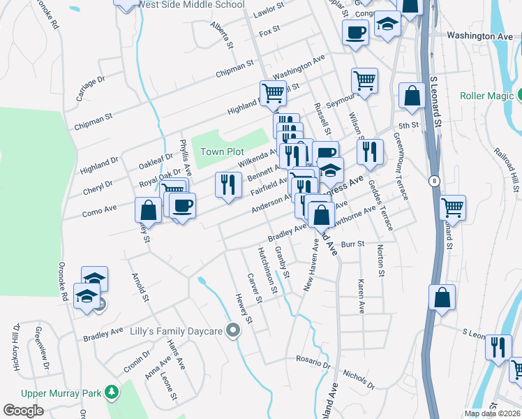 map of restaurants, bars, coffee shops, grocery stores, and more near 84 Anderson Avenue in Waterbury