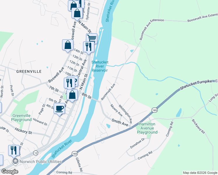 map of restaurants, bars, coffee shops, grocery stores, and more near 72 Roosevelt Avenue in Norwich