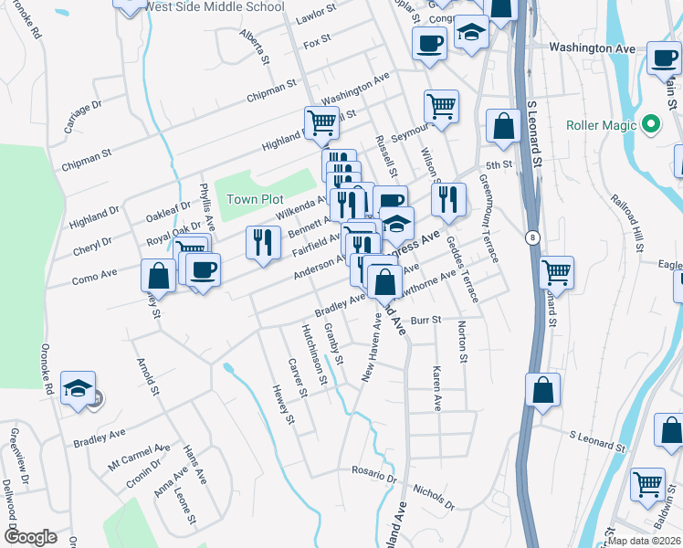map of restaurants, bars, coffee shops, grocery stores, and more near 35 Anderson Avenue in Waterbury