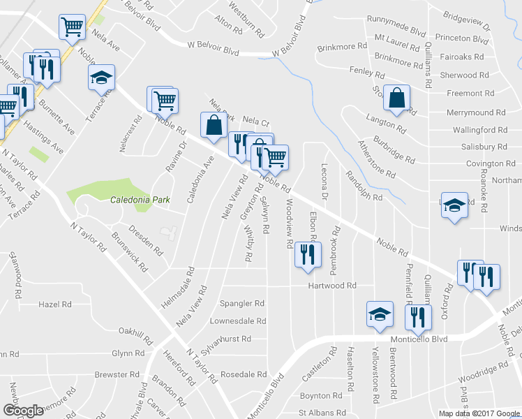 map of restaurants, bars, coffee shops, grocery stores, and more near 880 Selwyn Road in Cleveland