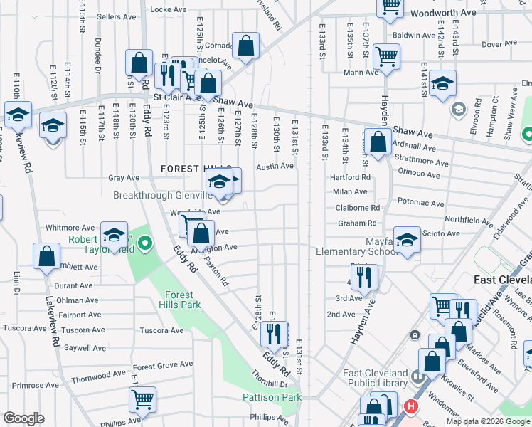 map of restaurants, bars, coffee shops, grocery stores, and more near 12811 Woodside Avenue in Cleveland