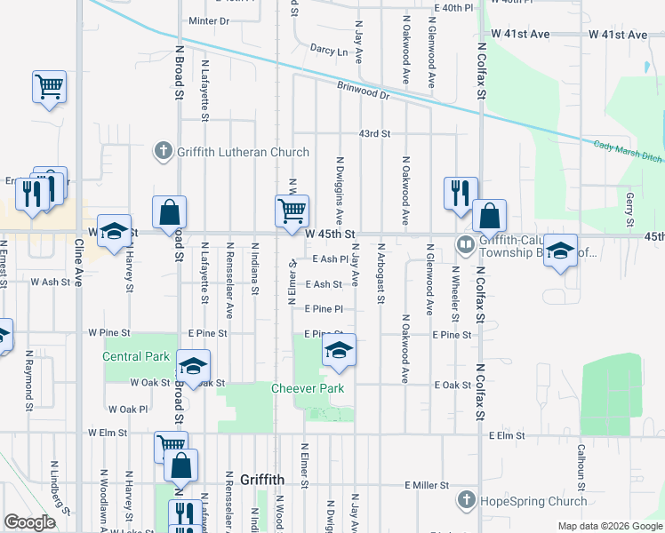 map of restaurants, bars, coffee shops, grocery stores, and more near 630 East Ash Place in Griffith