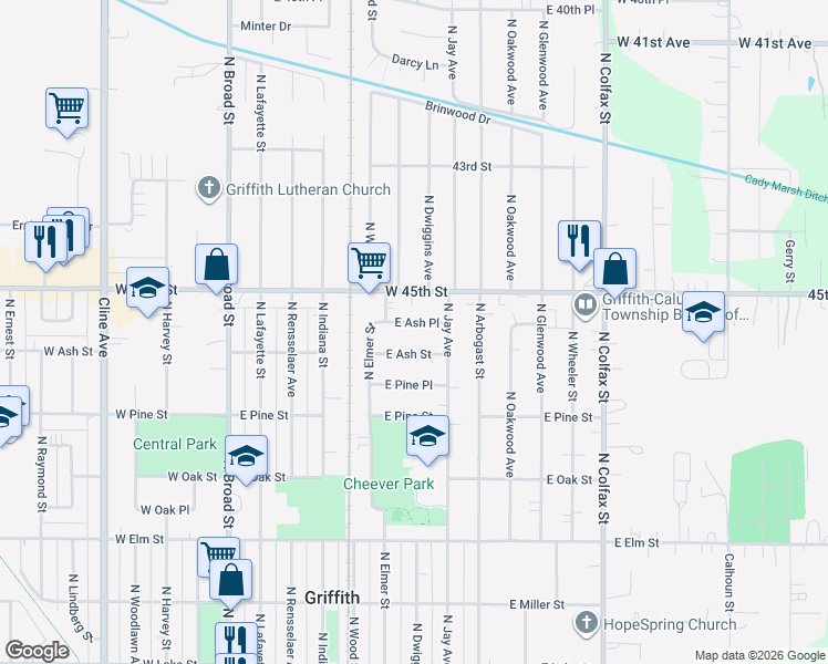 map of restaurants, bars, coffee shops, grocery stores, and more near 630 East Ash Place in Griffith