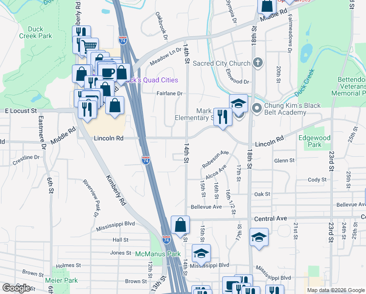 map of restaurants, bars, coffee shops, grocery stores, and more near 1332 14th Street in Bettendorf