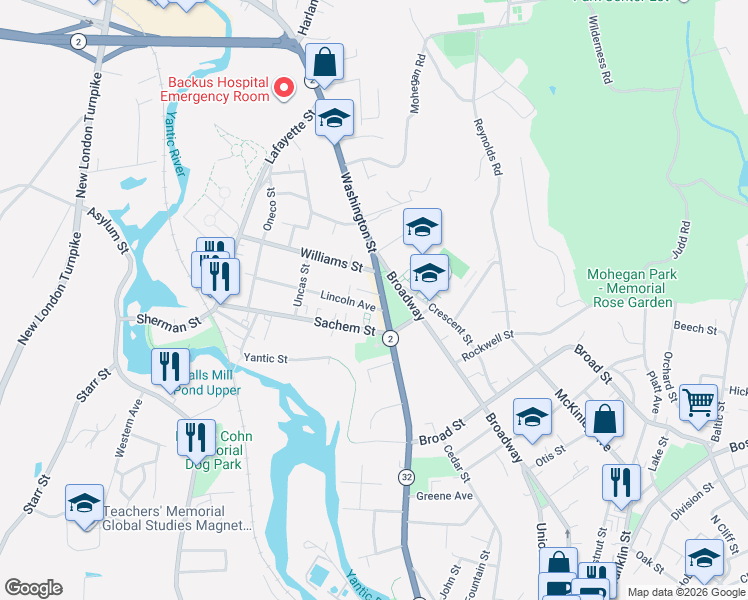 map of restaurants, bars, coffee shops, grocery stores, and more near 224 Washington Street in Norwich