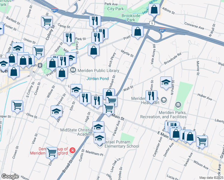 map of restaurants, bars, coffee shops, grocery stores, and more near 35 Hobart Street in Meriden