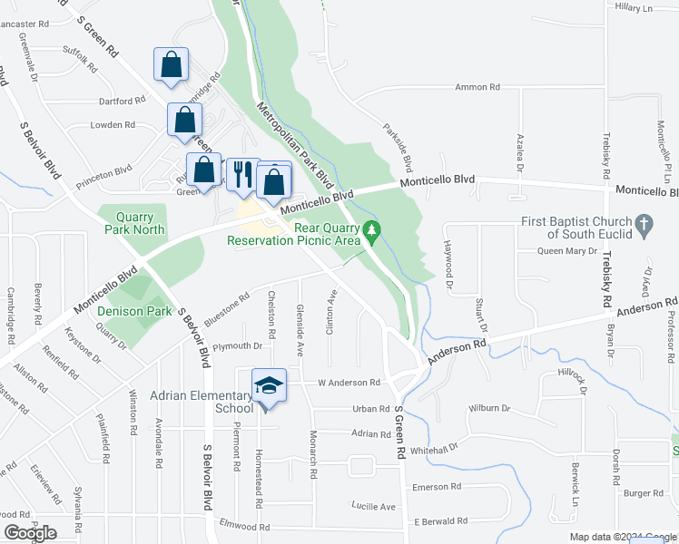 map of restaurants, bars, coffee shops, grocery stores, and more near 859 South Green Road in South Euclid
