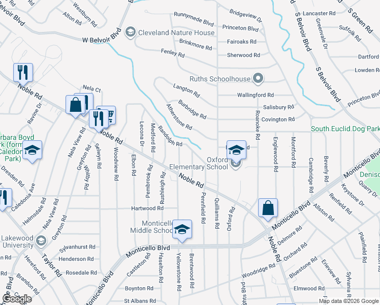 map of restaurants, bars, coffee shops, grocery stores, and more near 3658 Randolph Road in Cleveland Heights