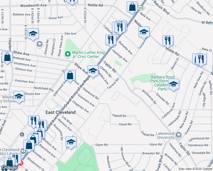 map of restaurants, bars, coffee shops, grocery stores, and more near 1877 Sheldon Avenue in East Cleveland