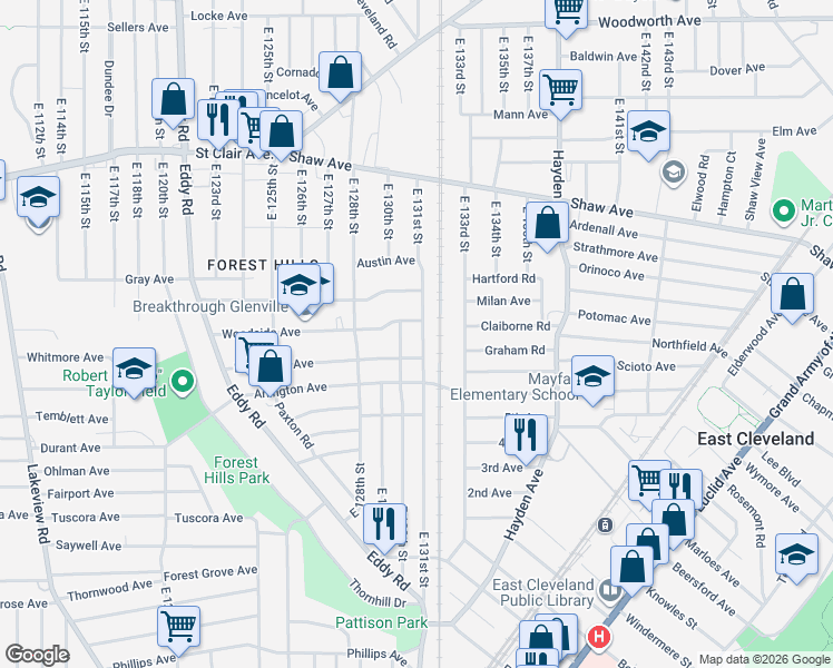 map of restaurants, bars, coffee shops, grocery stores, and more near 13003 Woodside Avenue in Cleveland