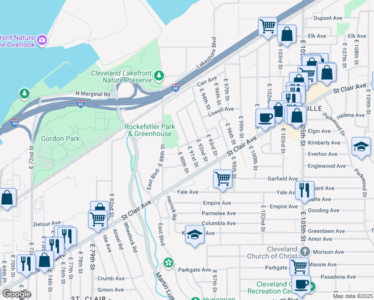 map of restaurants, bars, coffee shops, grocery stores, and more near 726 East 91st Street in Cleveland