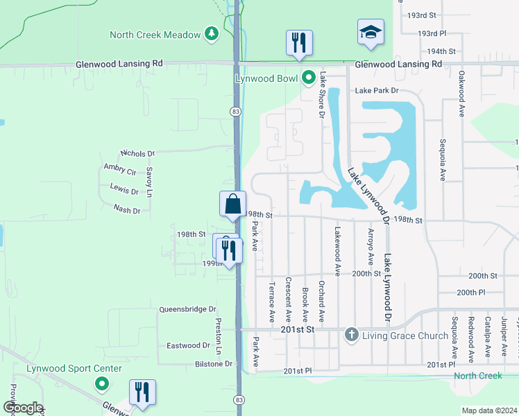 map of restaurants, bars, coffee shops, grocery stores, and more near 19724 Terrace Avenue in Lynwood