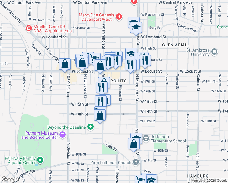 map of restaurants, bars, coffee shops, grocery stores, and more near 1618 Fillmore Street in Davenport