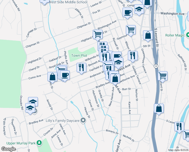 map of restaurants, bars, coffee shops, grocery stores, and more near 84 Anderson Avenue in Waterbury