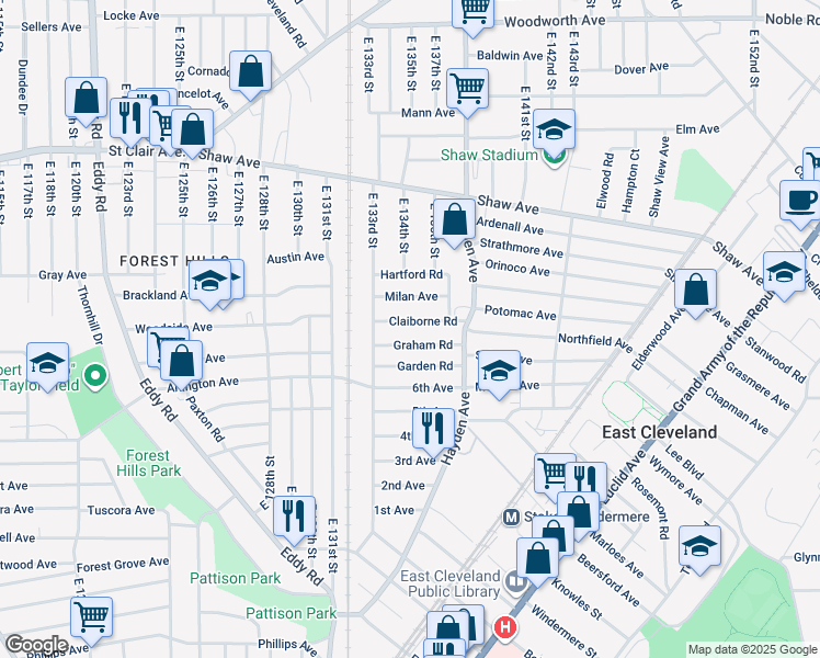 map of restaurants, bars, coffee shops, grocery stores, and more near 13401 Claiborne Road in East Cleveland