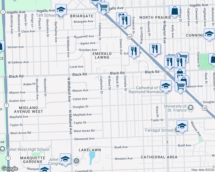map of restaurants, bars, coffee shops, grocery stores, and more near 709 North Reed Street in Joliet